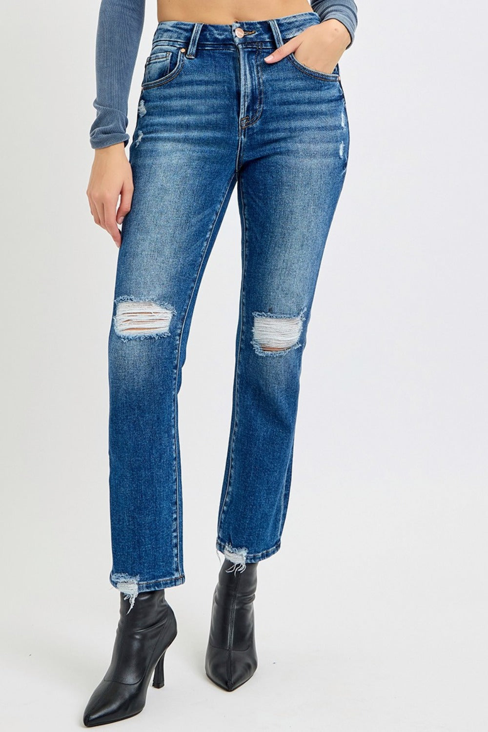 RISEN Distressed High-Rise Waist Slim Fit Jeans Ripped Cropped Denim Pants