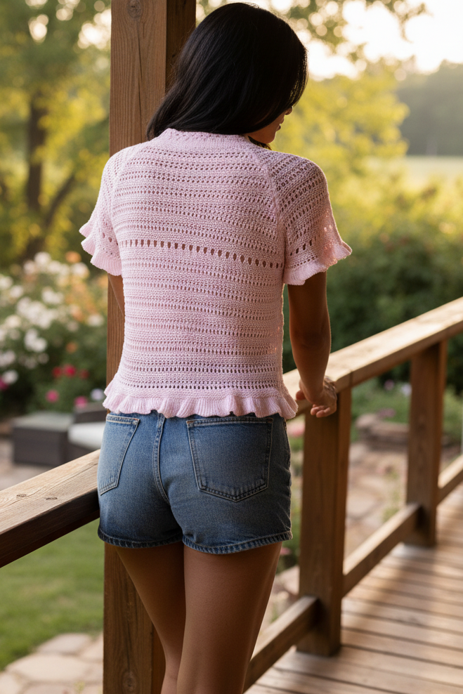 Openwork Seashell Mermaid Knit Ruffle Trim Shirt Short Sleeve Round Neck Crop Top