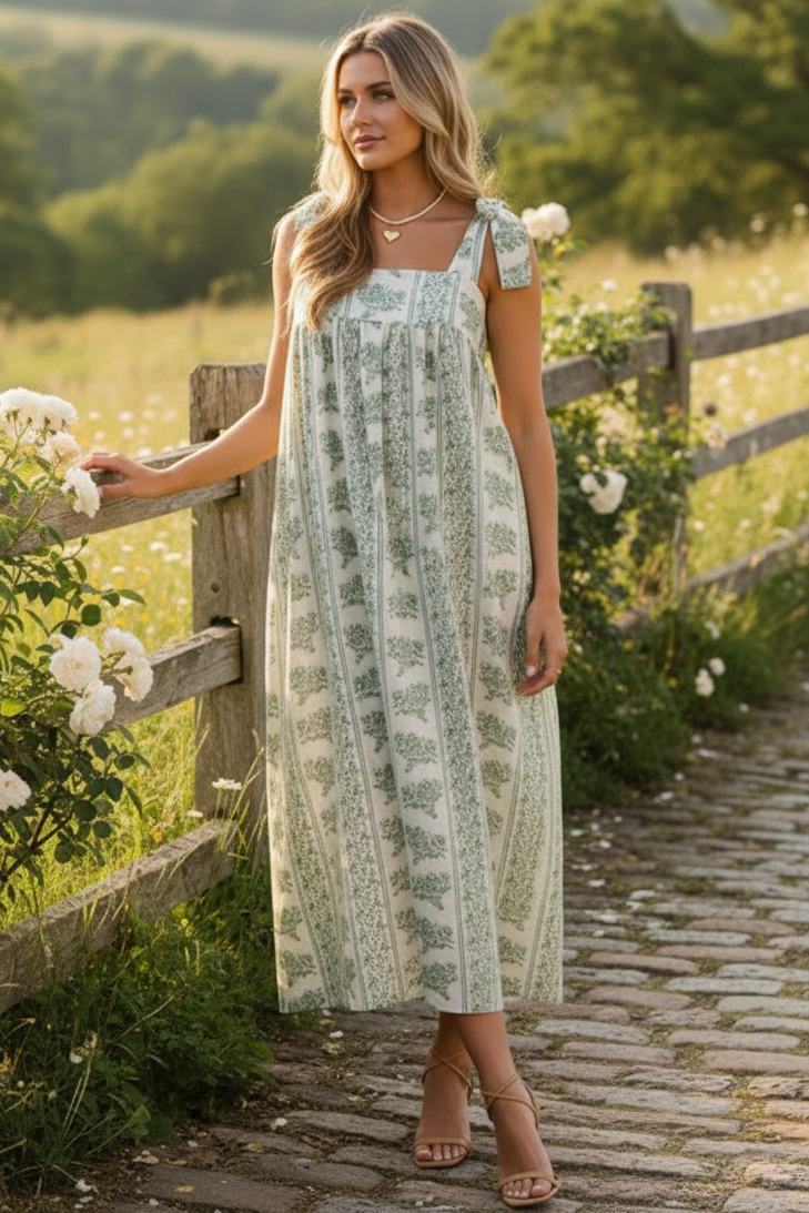 Tie Shoulder Babydoll Maxi Dress Square Neck Sleeveless Floral Cottagecore Dress