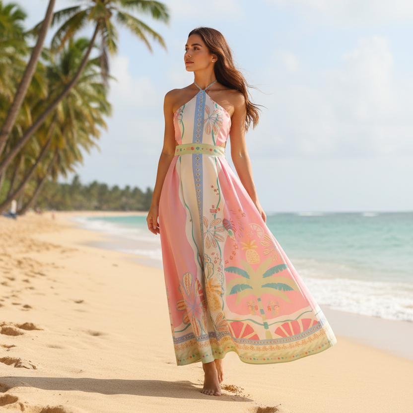 Palm Beach Cutout Side Halter High Neck Linen Blend Open Tie-Back Maxi Dress