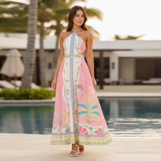 Palm Beach Cutout Side Halter High Neck Linen Blend Open Tie-Back Maxi Dress