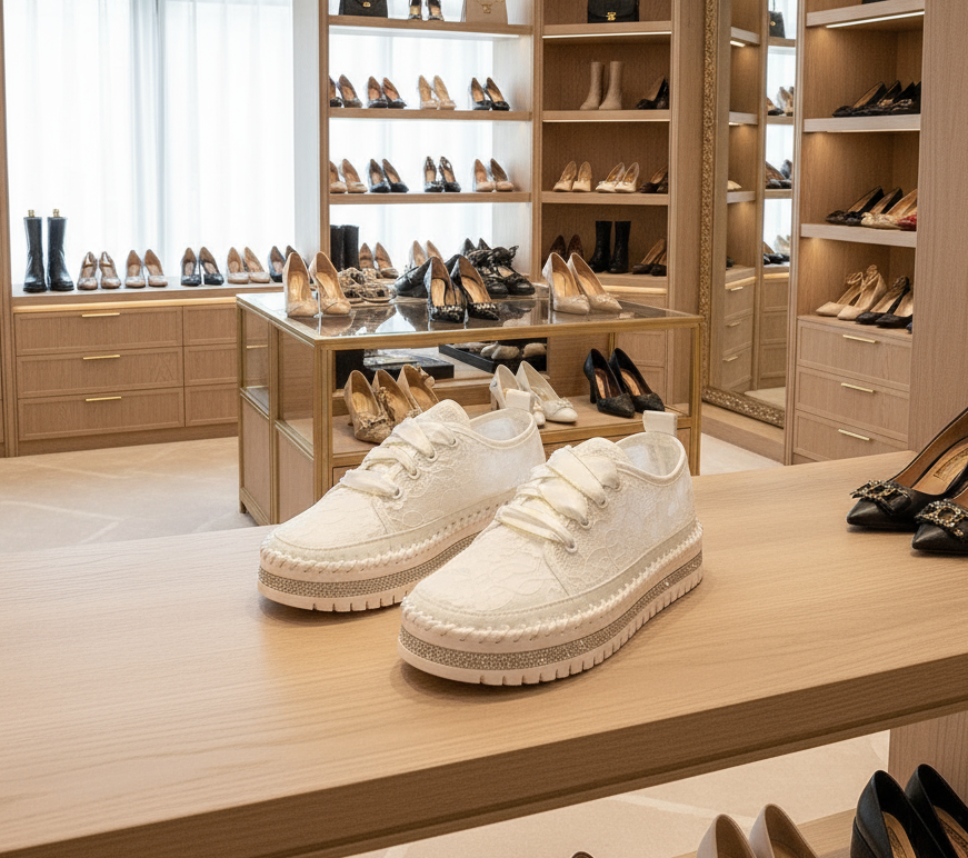 Lace Mesh Rhinestone Platform Sneakers Satin Ribbon Laces Retro Y2K Bling Shoes