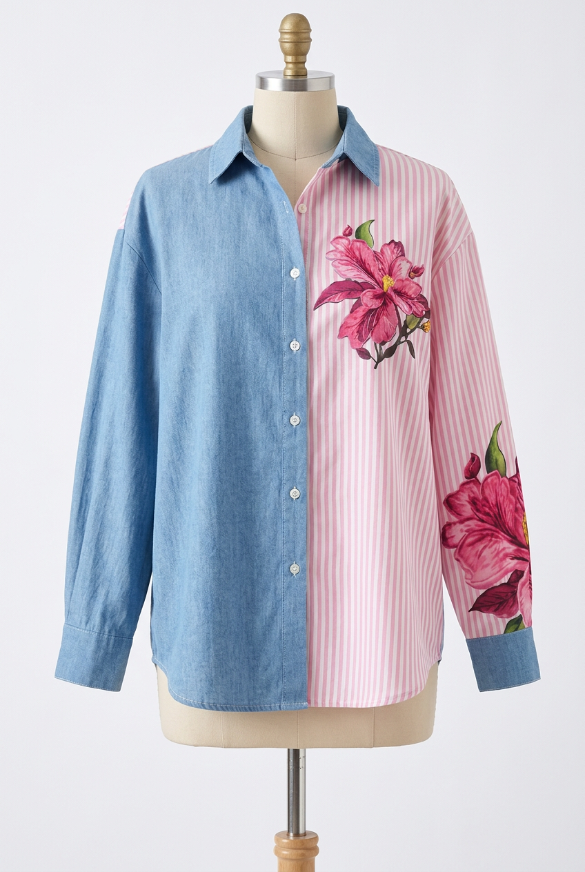 Oversized Floral Stripe Colorblock Button Up Balloon Sleeve Collared Dress Shirt