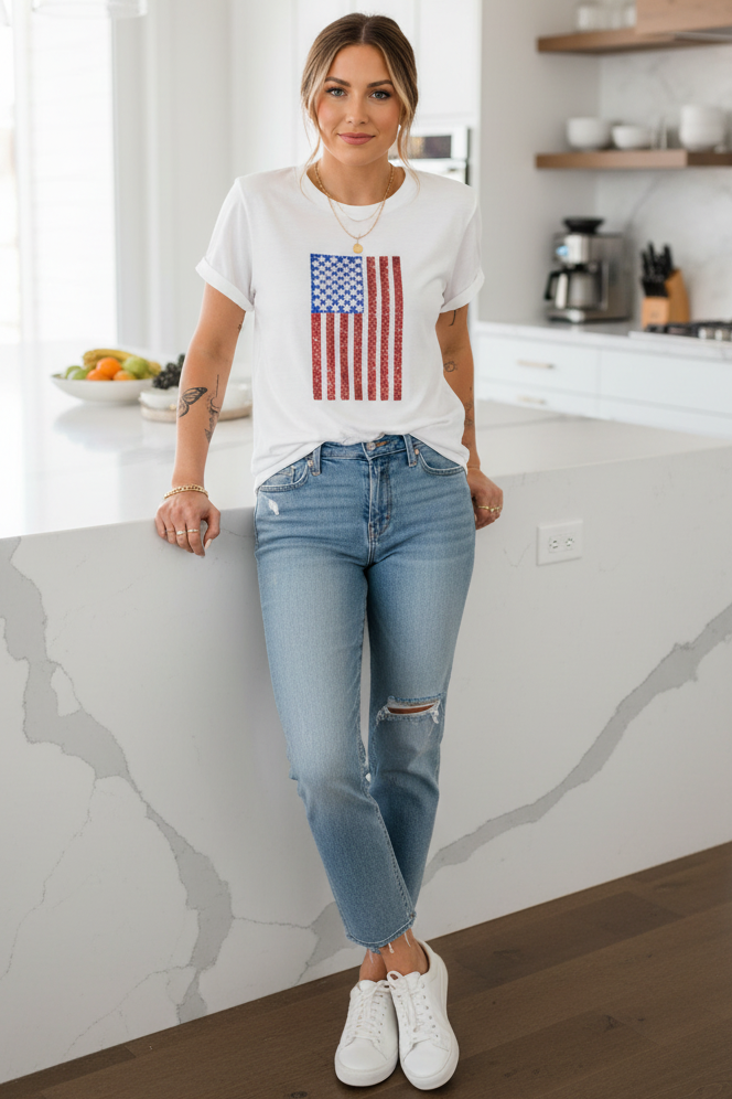 Sequin American US Flag Round Neck Top Cuffed Short Sleeve T-Shirt