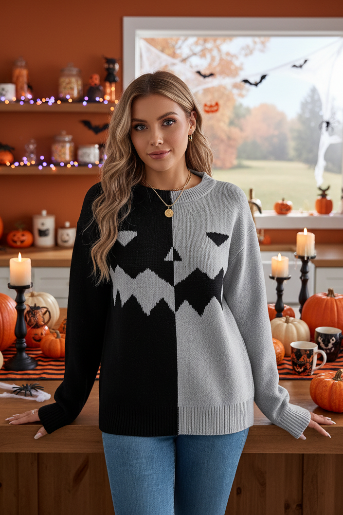 Halloween Knit Jack O’ Lantern Colorblock Relaxed Crew Neck Pullover Sweater