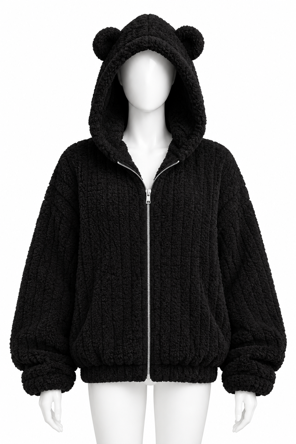 Plush Teddy Bear Ear Hooded Cropped Fleece Jacket Oversized Long Sleeve Zip-Up