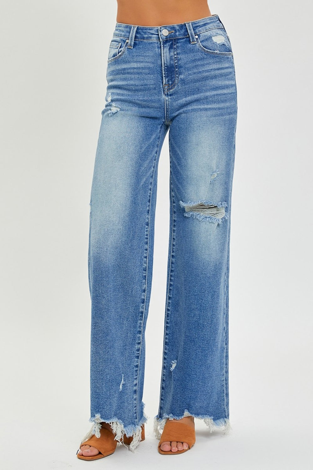 High-Rise Mom Jeans Wide Leg Distressed Raw Denim Retro Pants RISEN