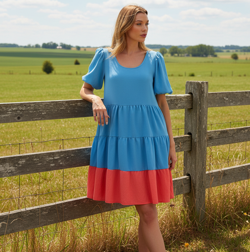 BiBi Colorblock Balloon Sleeve Scoop Neck Tiered Ruffle Babydoll Mini Dress Sky Blue