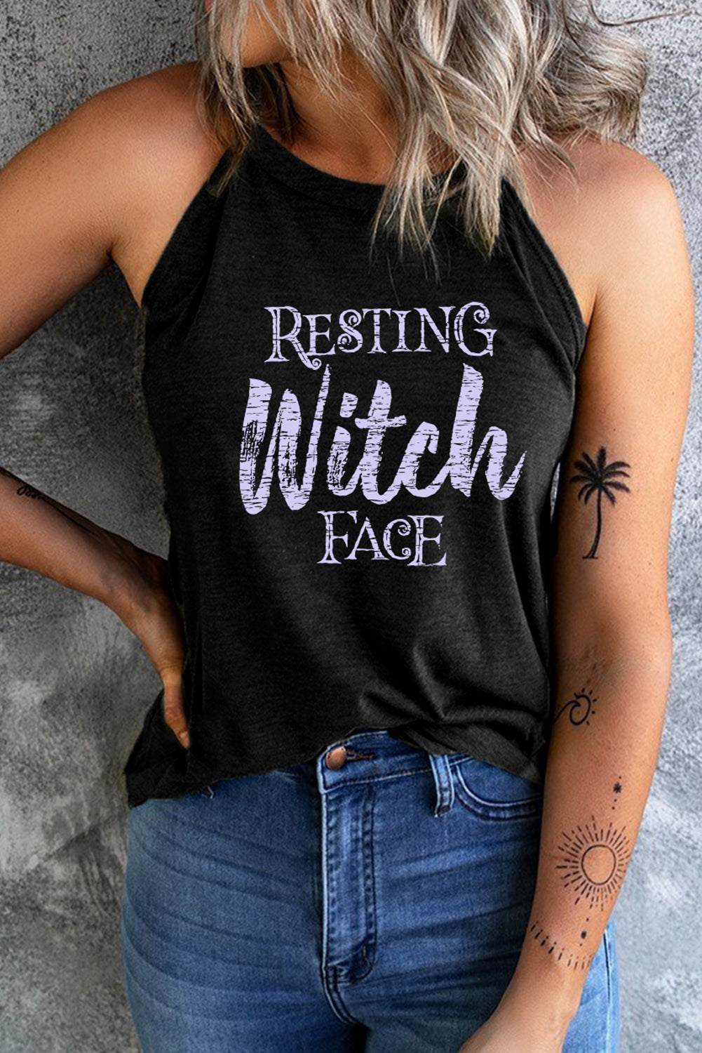 Funny Resting Witch Face Graphic Shirt Sleeveless Halloween Round Neck Top