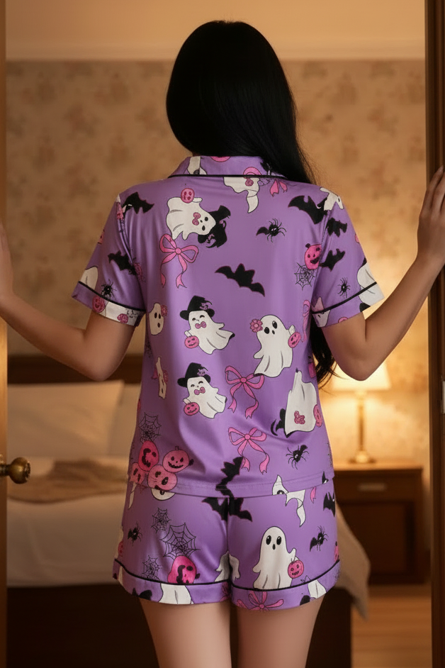 Ghost Button-Down Chest Pocket Top and Shorts Halloween Lounge Set Matching Pajamas