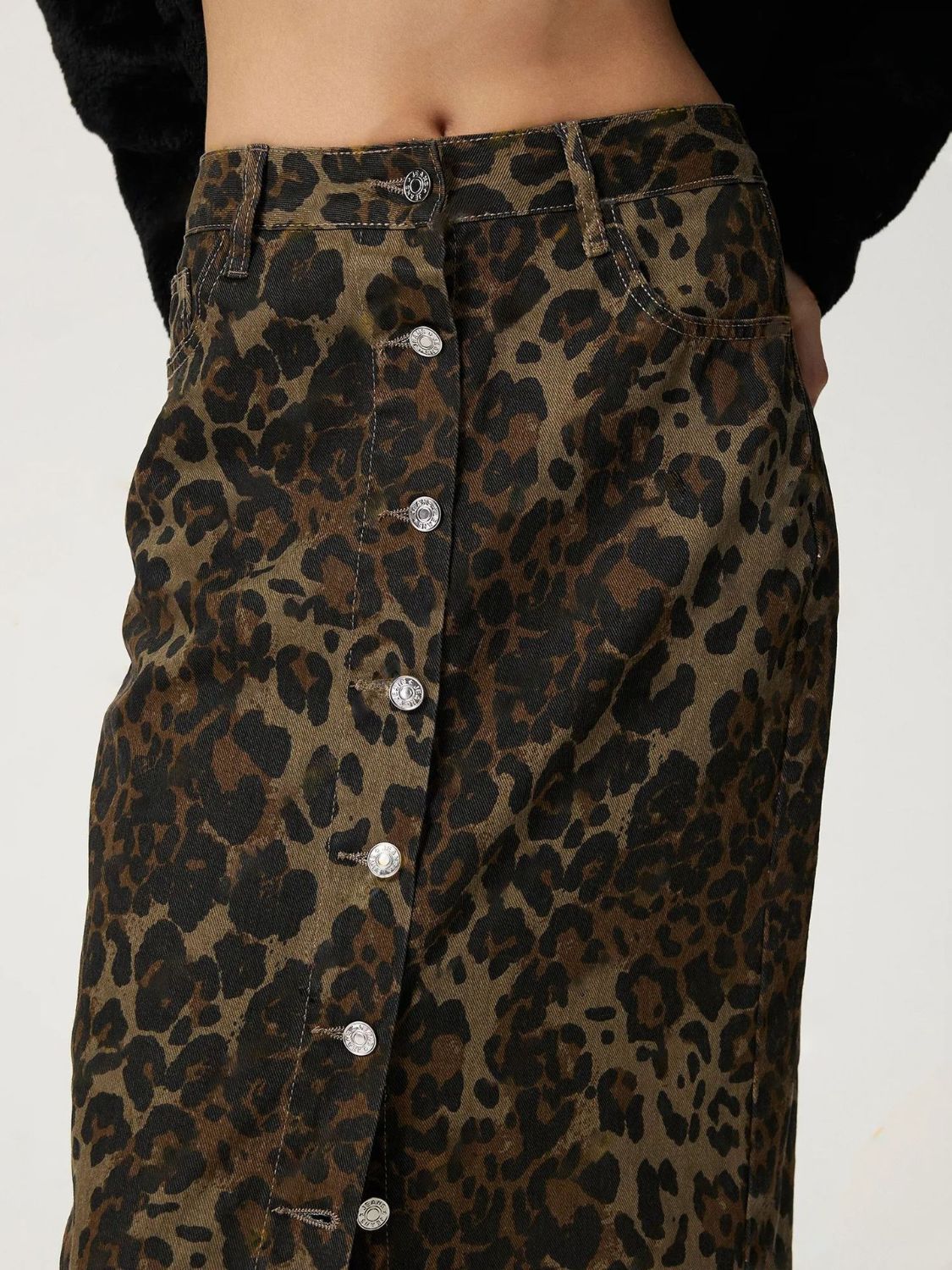 Leopard Denim Button-Up Straight Full-Length Long Pencil Jean Maxi Skirt Pockets