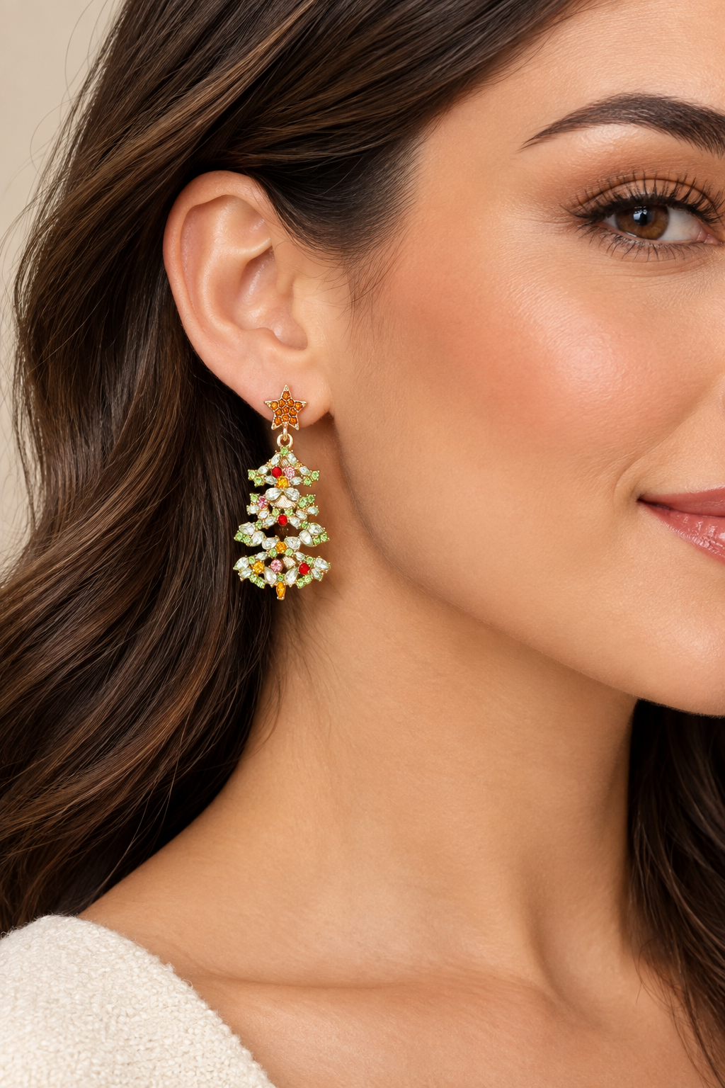 18K Gold Plated Rhinestone Christmas Tree Dangle Earrings Star Holiday Jewelry