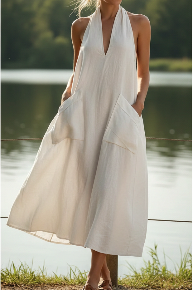 Oversized Baggy Patch Pocket Halter Neck Plunging V-Neck Backless Boho Midi Dress