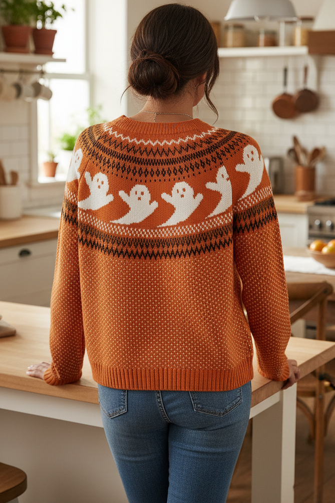 Ghost Fair Isle Nordic Crew Neck Top Long Sleeve Halloween Pullover Knit Sweater