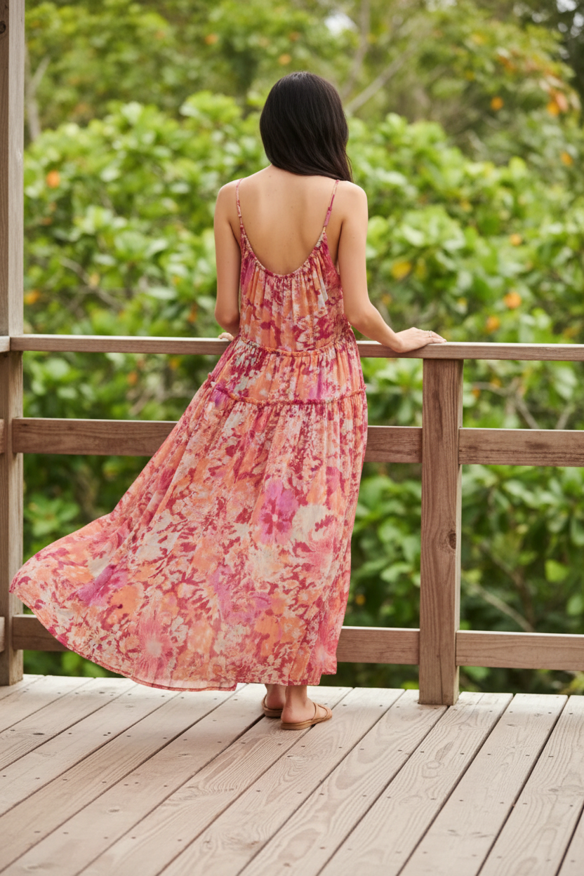 Abstract Floral Tiered Plunging V-Neck Sleeveless Oversized Flowy Midi Dress
