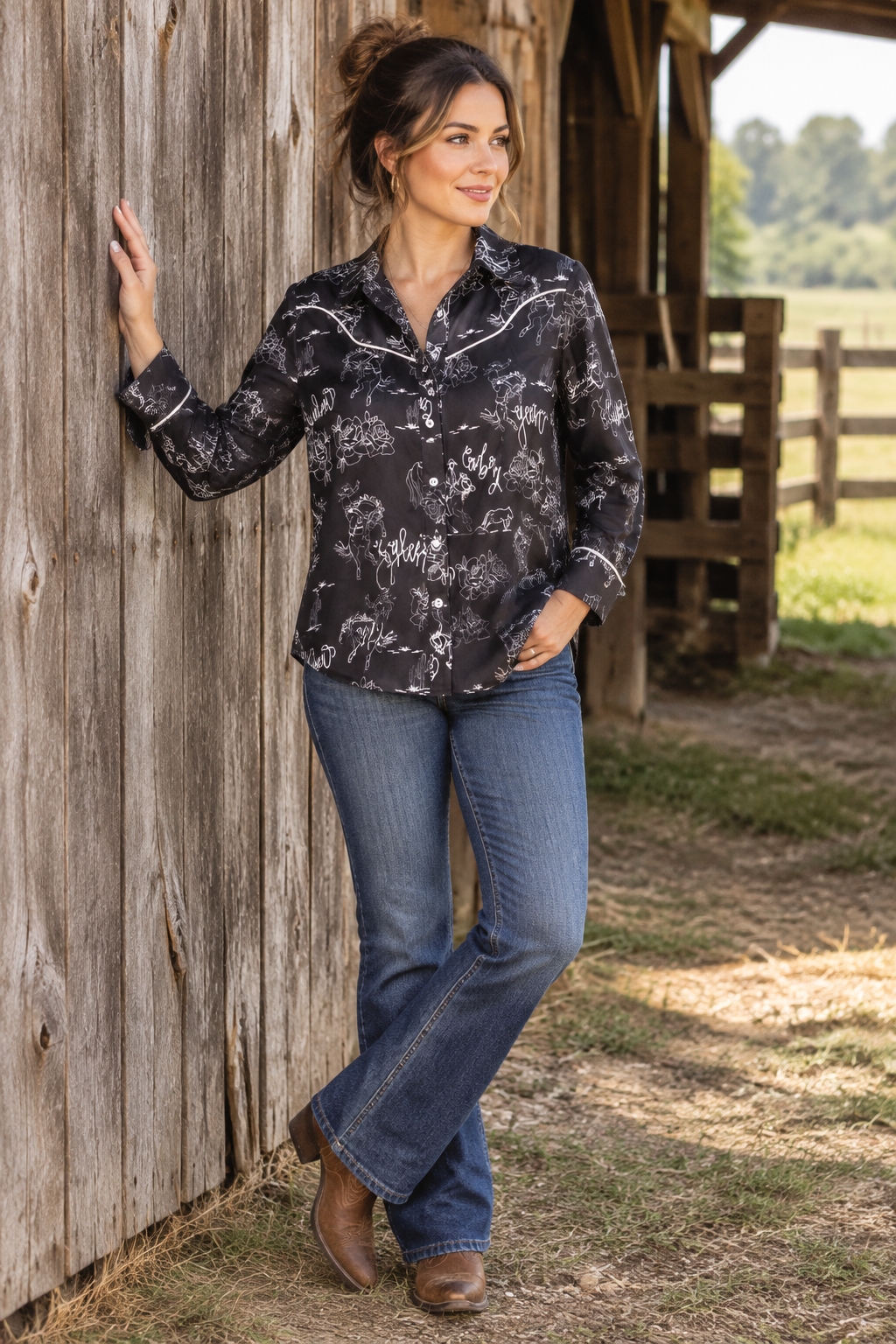 Rodeo Cowgirl Western Yoke Button-Up Shirt Long Sleeve Dress Shirt Southern Top