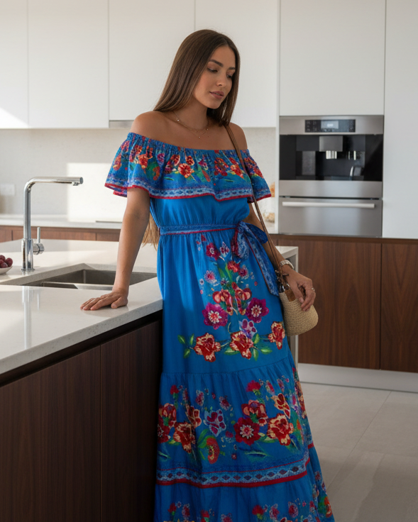 Floral Ruffle Off Shoulder Belted Elastic Waist Retro 70s Tiered Boho Maxi Dress
