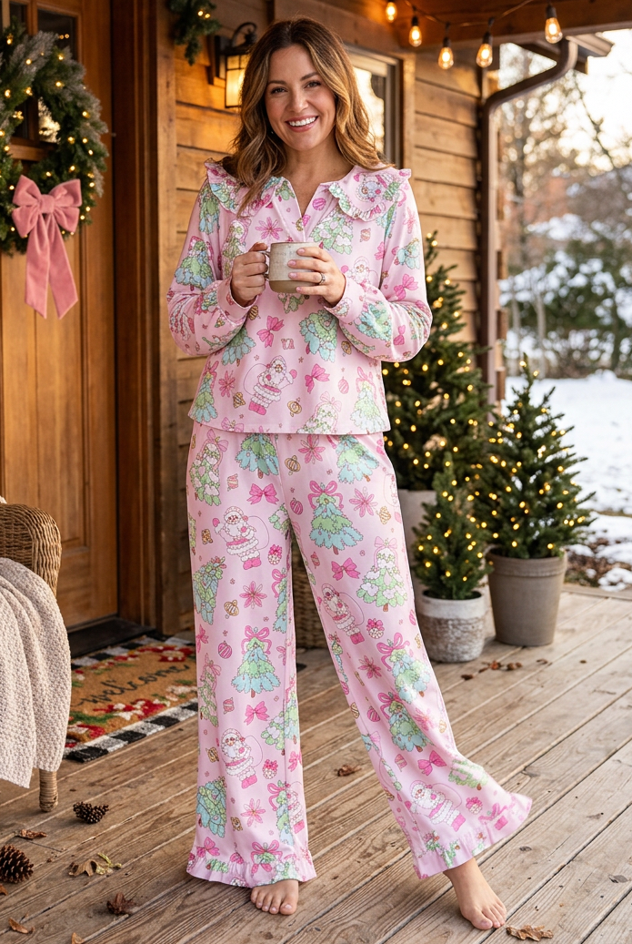Christmas Pajama Set Santa Tree Print Ruffled Peter Pan Collar Wide Leg Pants
