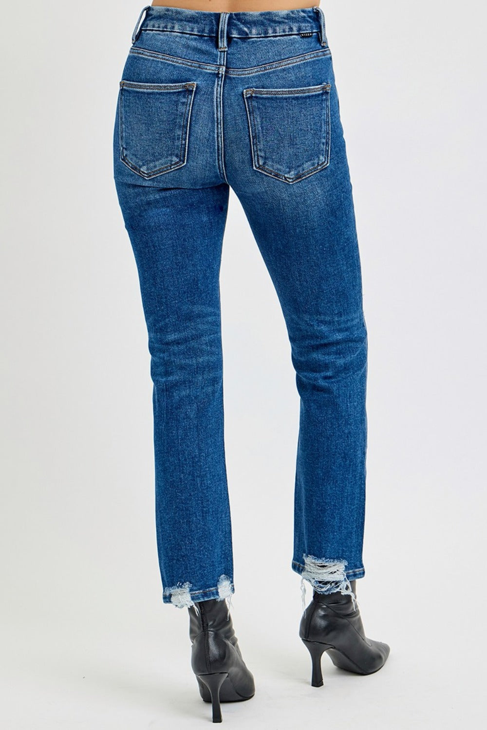 RISEN Distressed High-Rise Waist Slim Fit Jeans Ripped Cropped Denim Pants