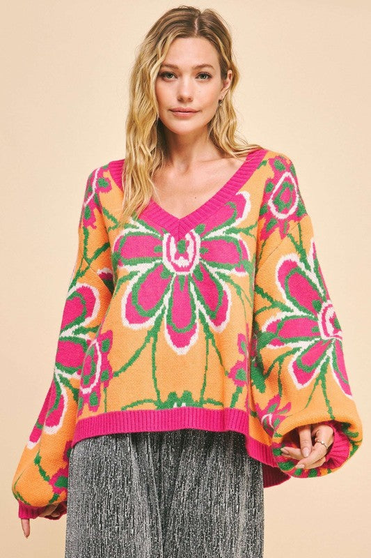 DAVI & DANI Retro Floral Bright Neon Long Sleeve Oversized Pullover Sweater Top