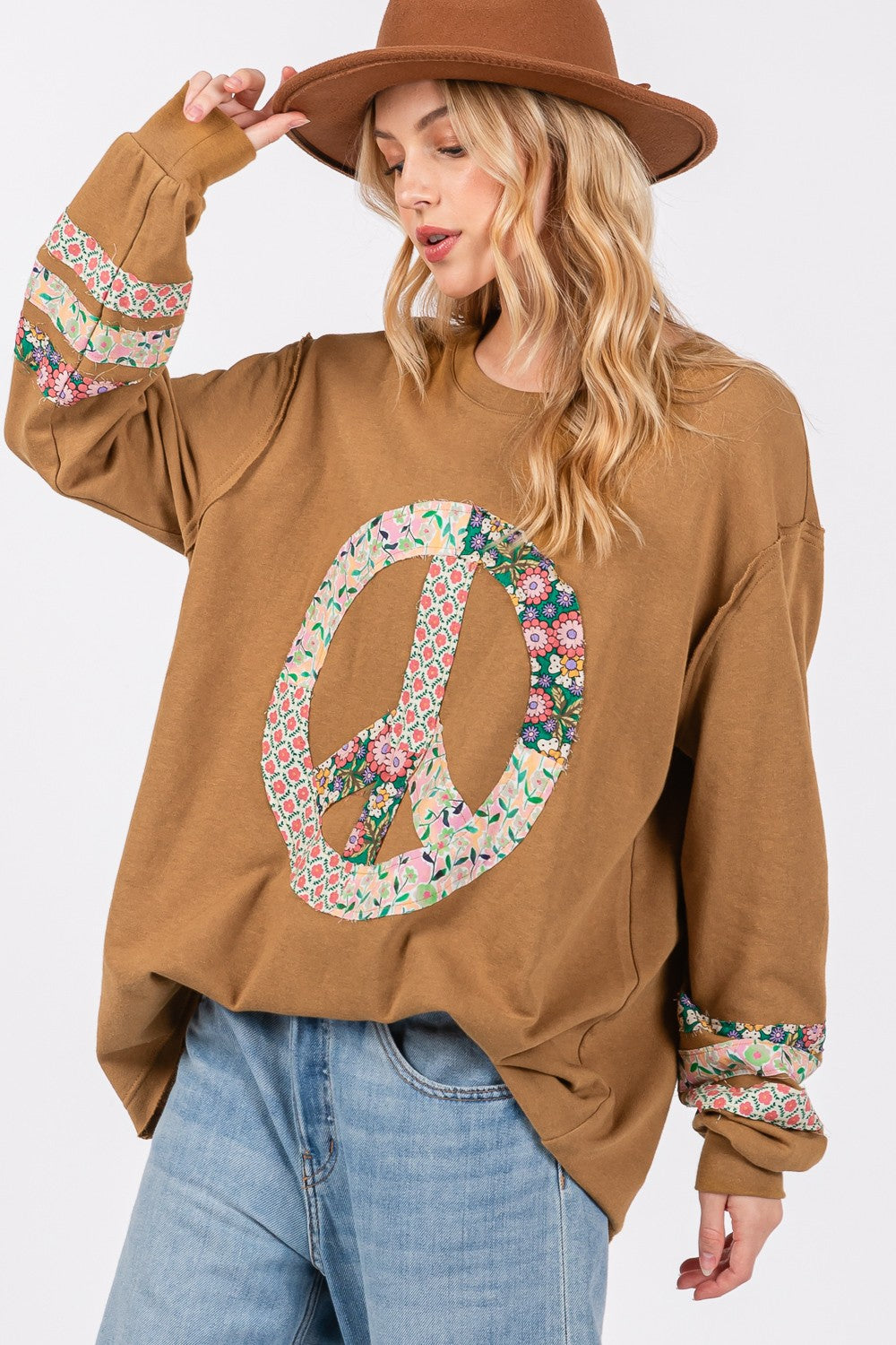 SAGE + FIG Peace Patchwork Shirt Hobo Retro Floral Blouse Oversized Hippie Boho Sweater Top