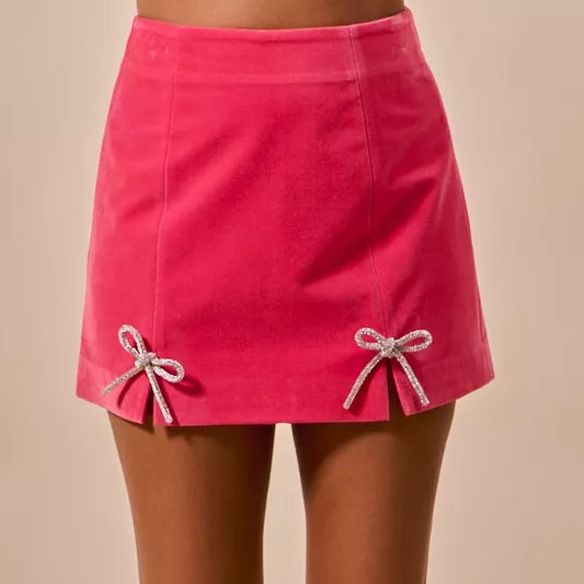 SO ME Velvety High-Rise Mini Skirt Sparkling Rhinestone Bow Ribbon Split Hem Pink
