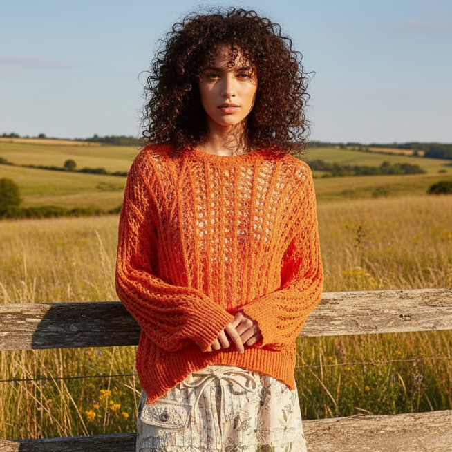 POL Crochet Hoodie Openwork Knit Top Long Sleeve High Low Pullover Sweater Shirt Tangerine Orange