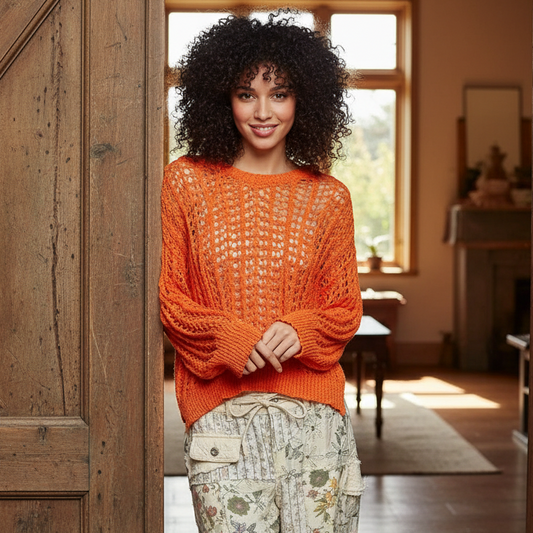 POL Crochet Hoodie Openwork Knit Top Long Sleeve High Low Pullover Sweater Shirt Tangerine Orange