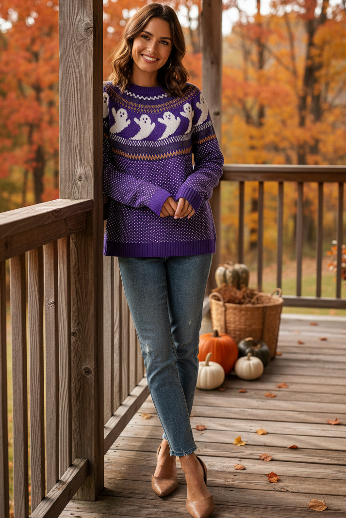 Ghost Fair Isle Nordic Crew Neck Top Long Sleeve Halloween Pullover Knit Sweater