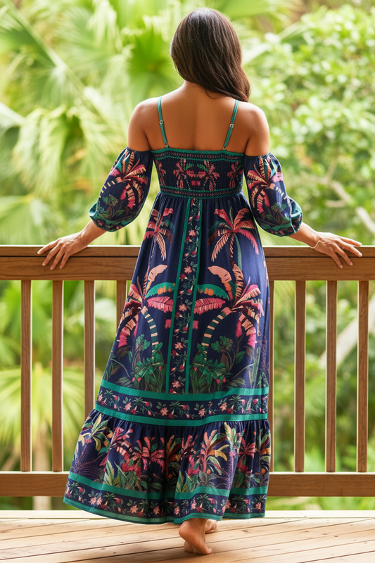 Tropical Bow Sweetheart Neck Puff Cold Shoulder Tiered Maxi Dress Smocked Back