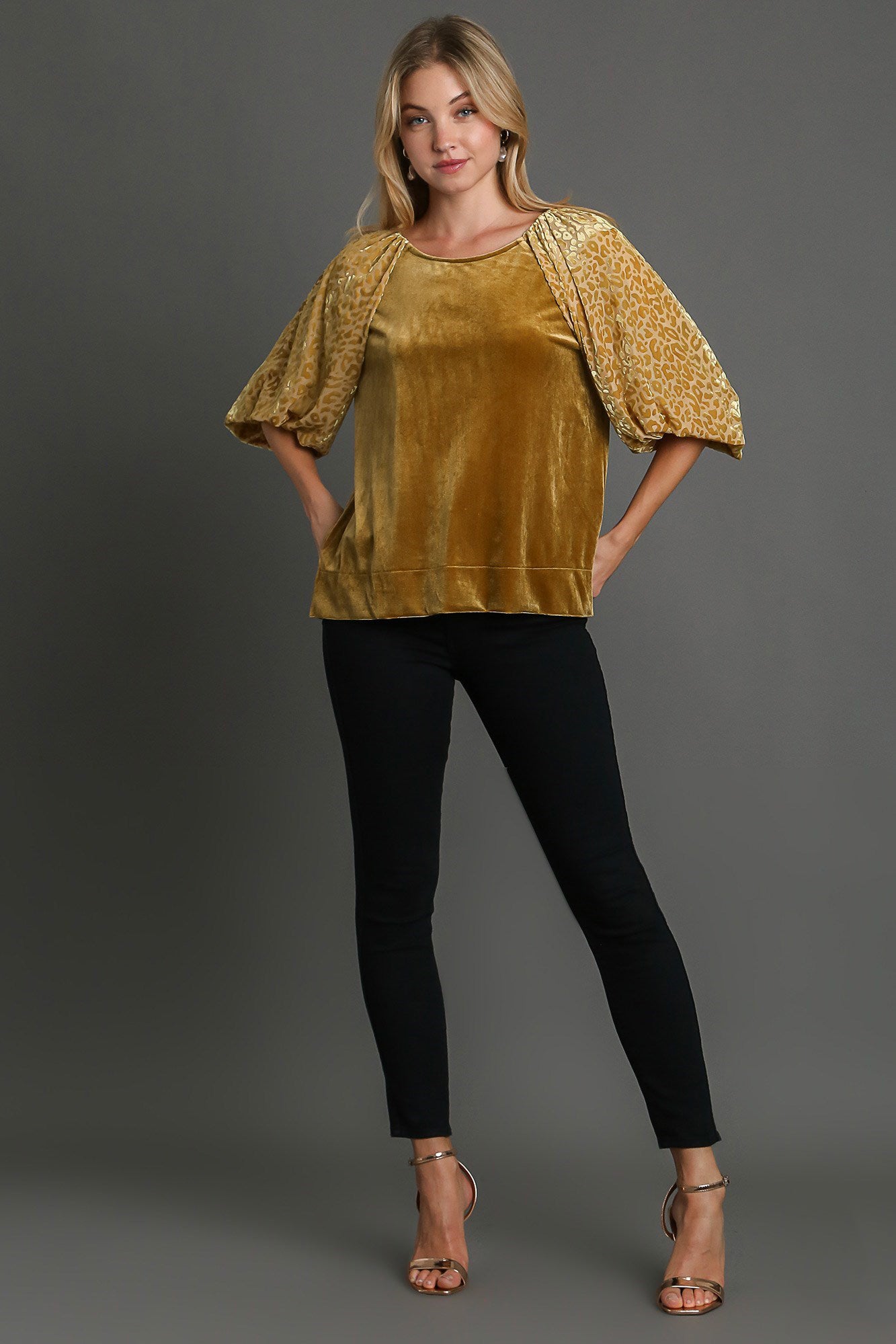 Umgee Leopard Velvet Sheer Balloon Half Sleeve Shirt Split Side Top High-Low Blouse