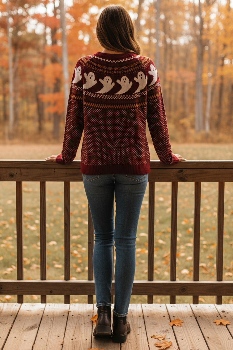Ghost Fair Isle Nordic Crew Neck Top Long Sleeve Halloween Pullover Knit Sweater