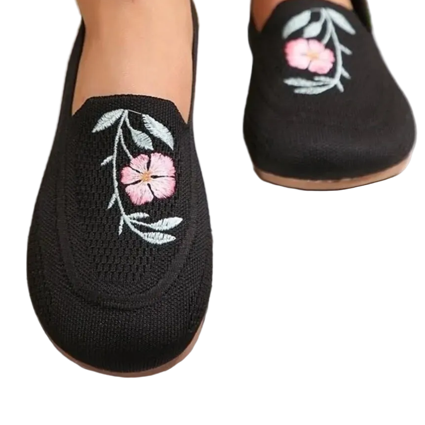 Retro Floral Embroidered Knit Slip-On Loafers Round Toe Shoes Ballet Flats