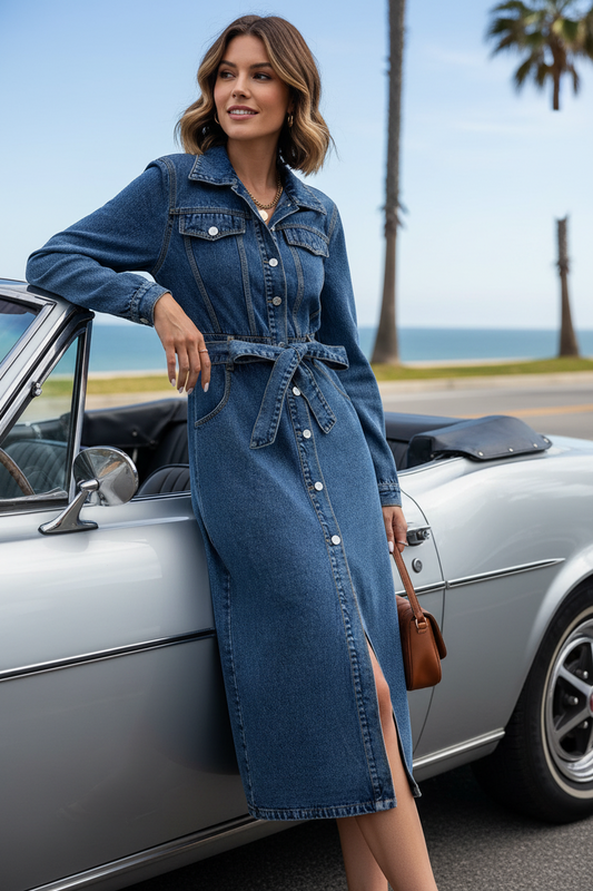Belted Denim Button-Up Collared Long Sleeve Pocket Midi Blue Jean Shirt Dress