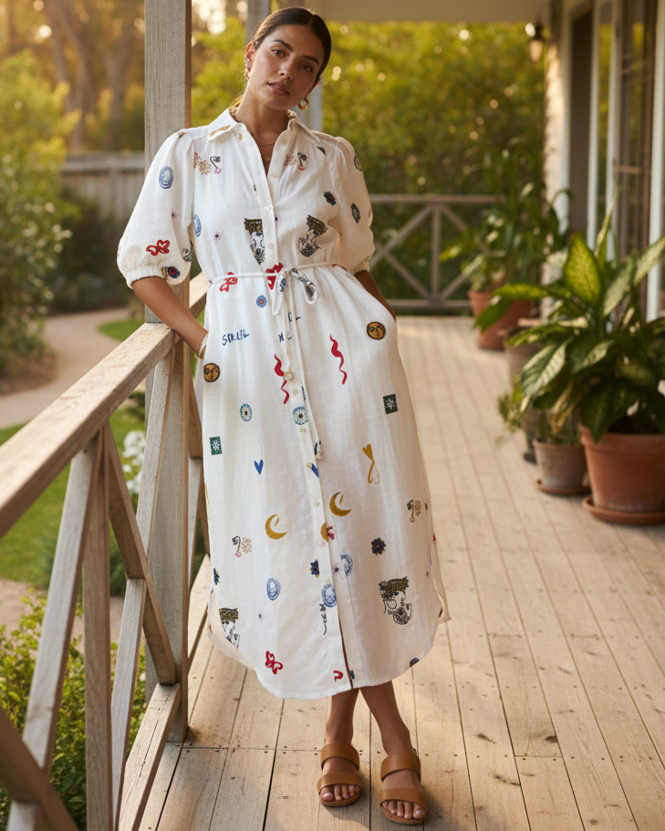 Artsey Linen Blend Button Up Tie Waist Side Pocket Collared Shirt Midi Dress