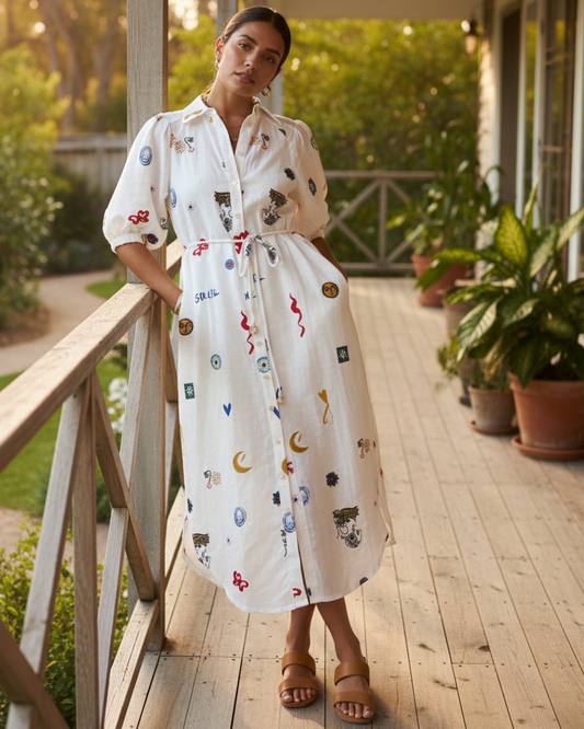 Artsey Linen Blend Button Up Tie Waist Side Pocket Collared Shirt Midi Dress
