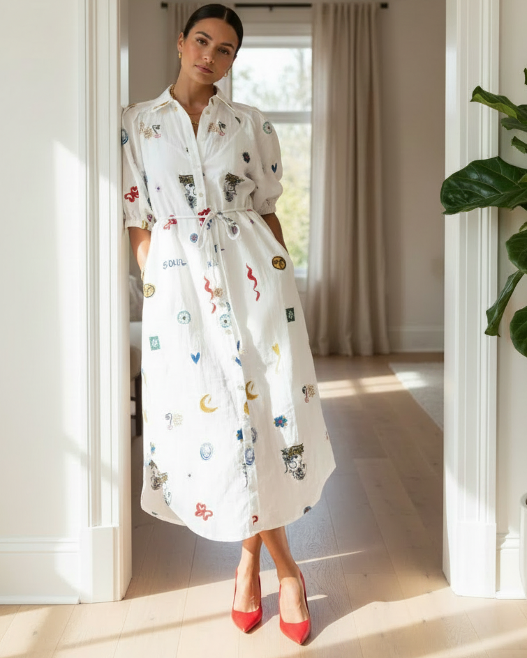 Artsey Linen Blend Button Up Tie Waist Side Pocket Collared Shirt Midi Dress