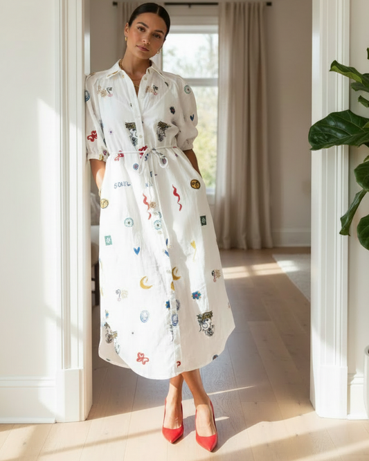 Artsey Linen Blend Button Up Tie Waist Side Pocket Collared Shirt Midi Dress