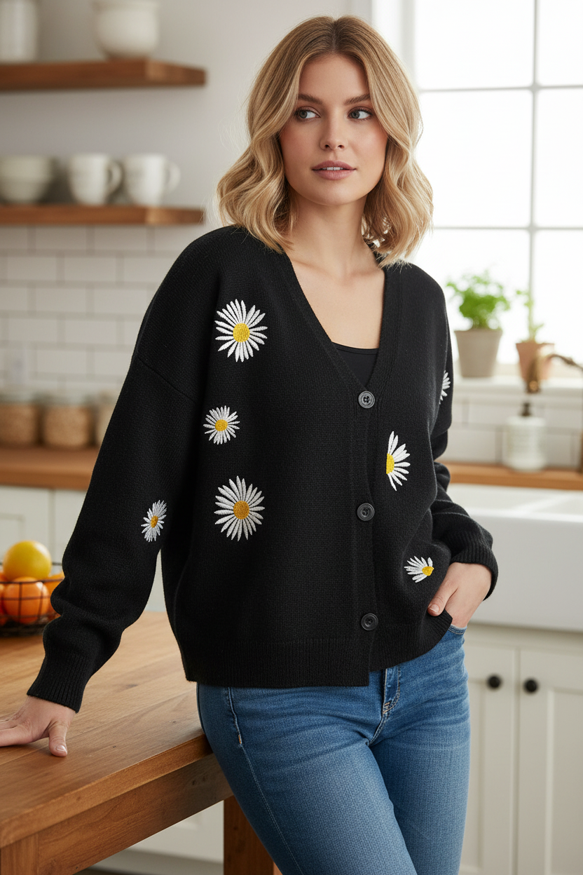 Granny Embroidered Daisy Button Front Sweater V-Neck Long Sleeve Knit Cardigan