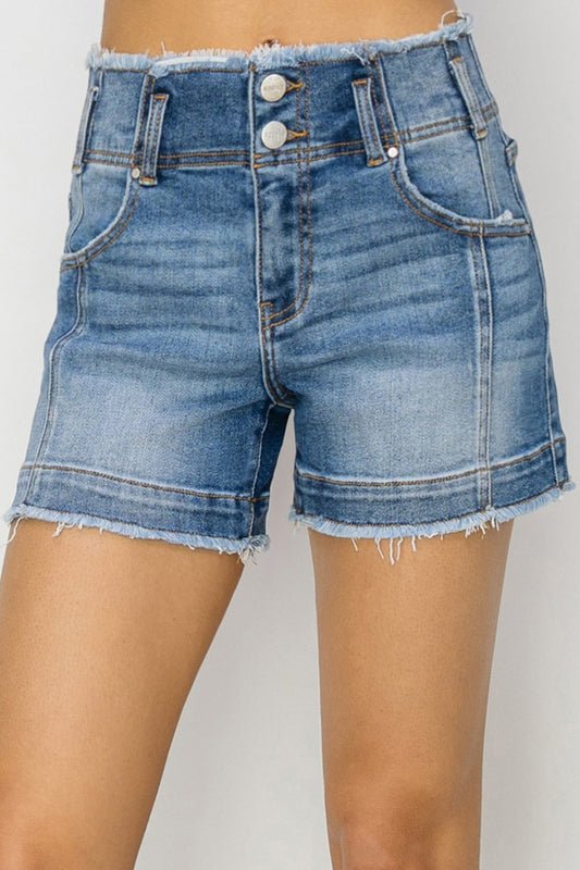 RISEN Torn High Rise Double Button Waist Denim Frayed Cut-off Distressed Jean Shorts