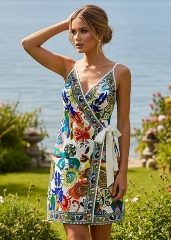 Side Tie Crossover Wrap Surplice V-Neck Adjustable Spaghetti Strap Mini Dress