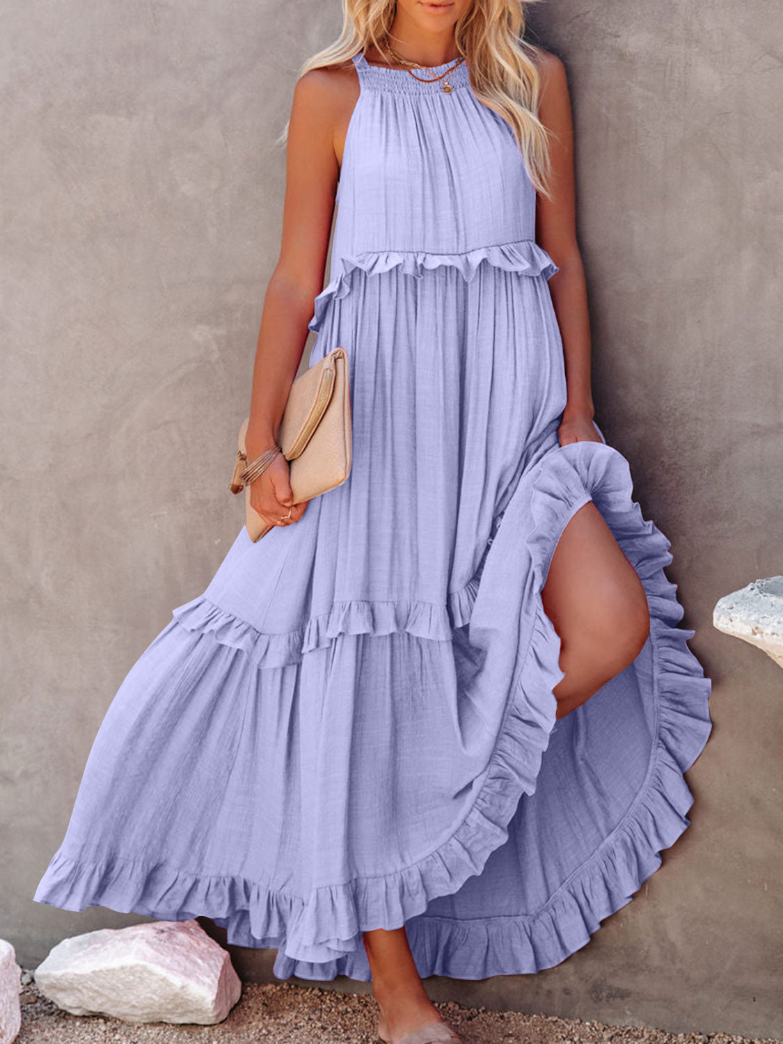 Ruffle Sleeveless Grecian Tie Back Tiered Summer Side Pocket Oversized High-Low Maxi Dress