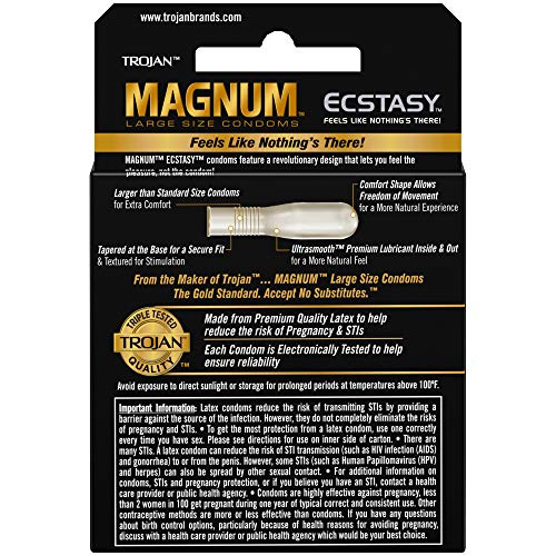 Trojan Magnum Ecstasy Large Size Condom, 3 Count Box, with Ultrasmooth