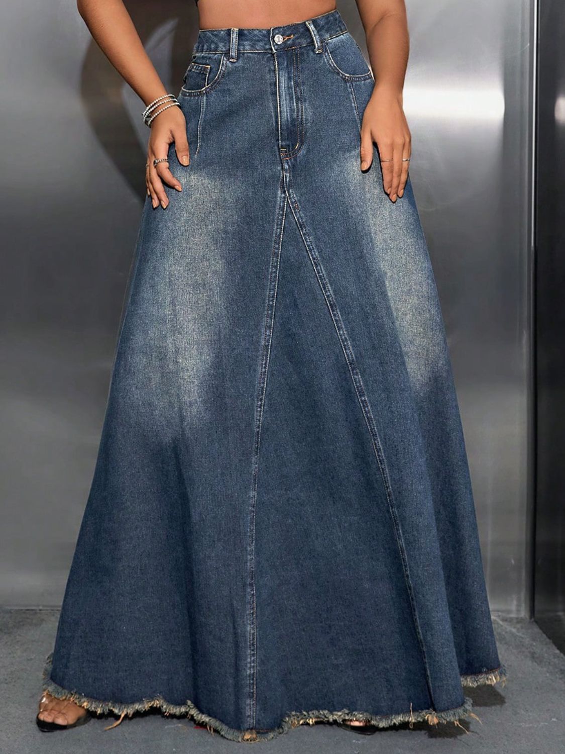 Retro Pocket High-Rise Waist Wide Panel Distressed Fringe Denim Blue Jean Maxi Skirt