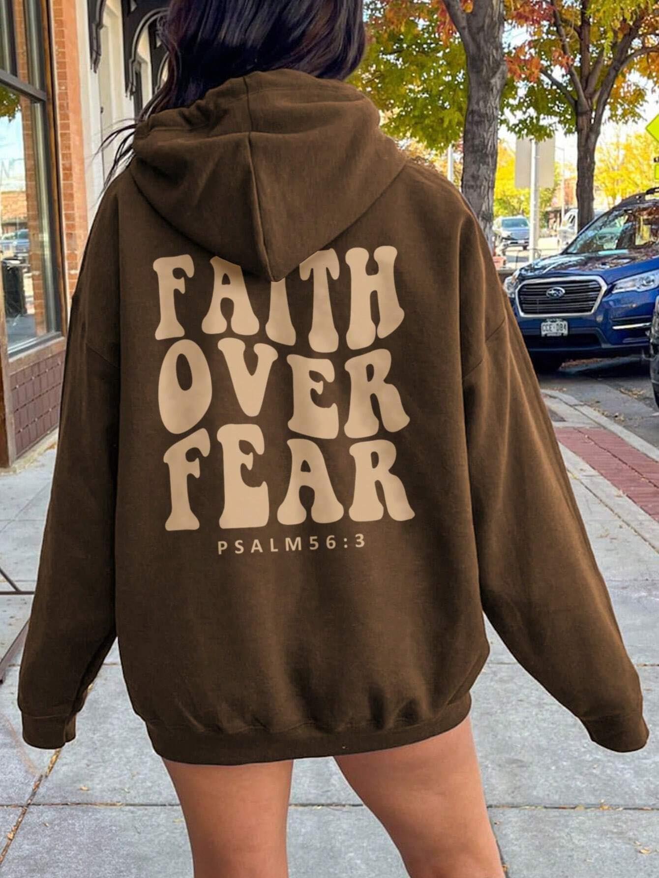 FAITH Over FEAR Hoodie Long Sleeve Religious Psalm Verse Pullover Sweatshirt Top