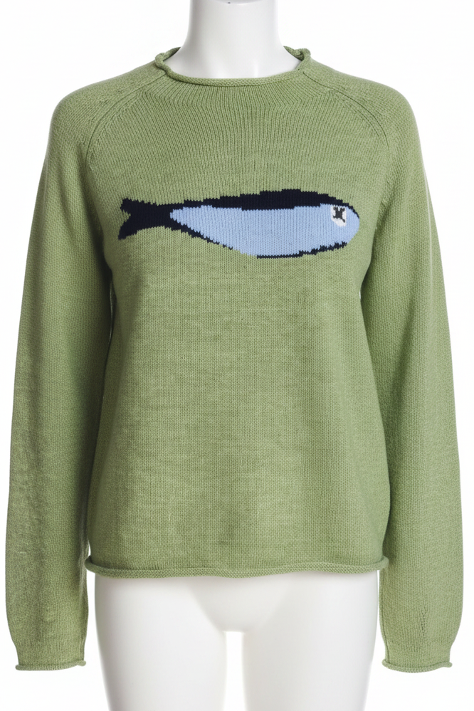 Fish Intarsia Rolled Raw Hem Lightweight Knit Top Coastal Lakeside Pullover Sweater