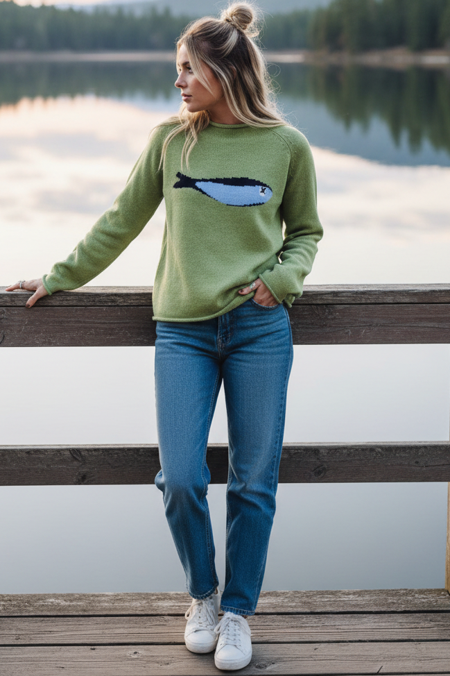 Fish Intarsia Rolled Raw Hem Lightweight Knit Top Coastal Lakeside Pullover Sweater