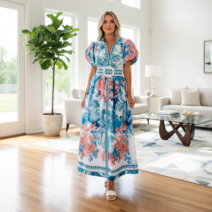 Garden Floral Button-Up Mock Neck Puff Sleeve Wide Belt Slit Front Maxi Dress