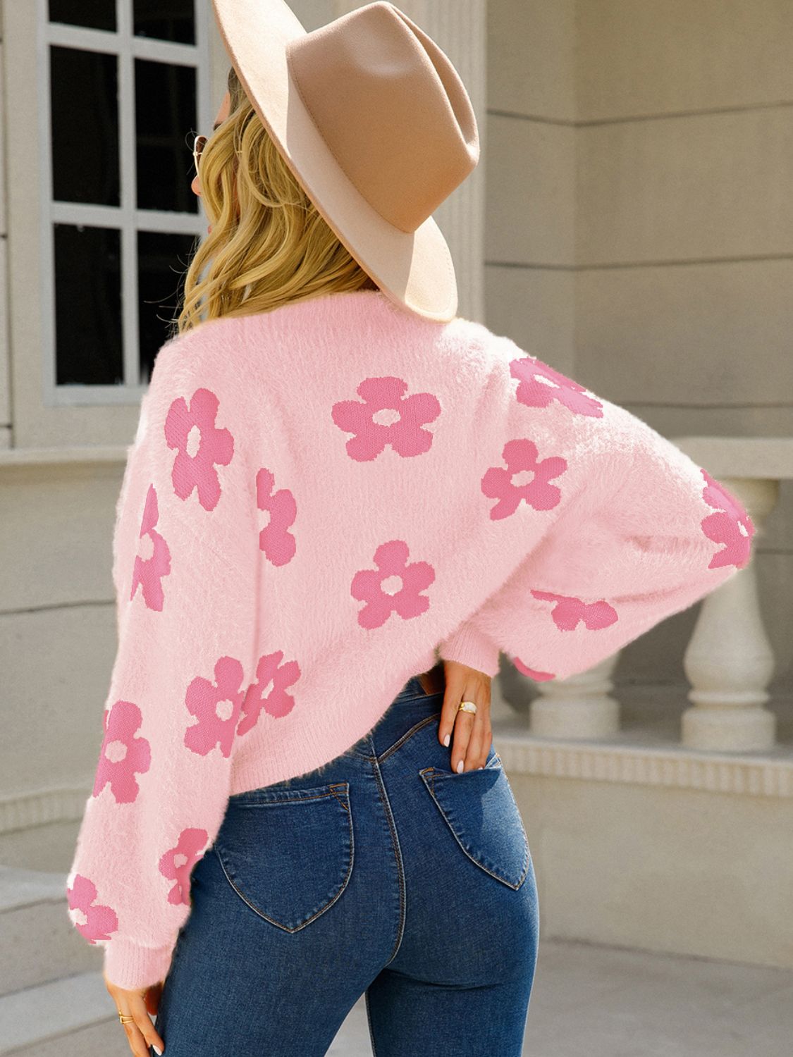 Fuzzy Soft Knit Daisy Flower Print Open Front Color Contrasting Cardigan Sweater