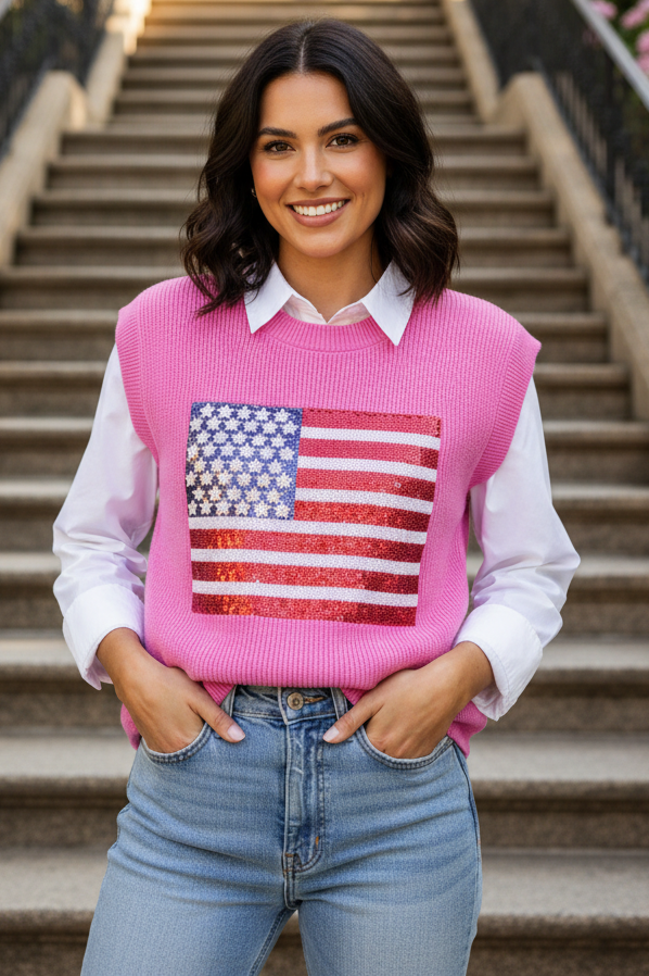 Sequin USA American Flag Ribbed Knit Sleeveless Patriotic Sparkling Sweater Vest